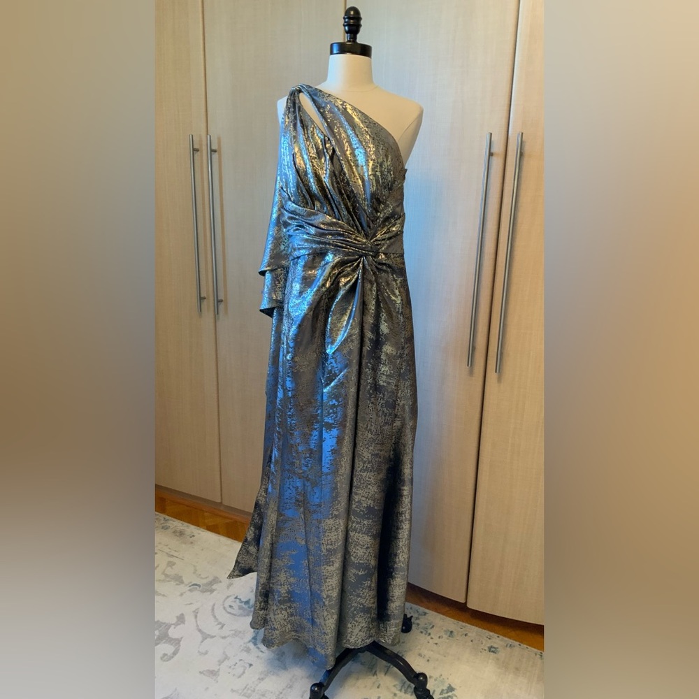 Rene Ruiz Collection Draped One-Shoulder Gown Long Dress Gray Gold size 10